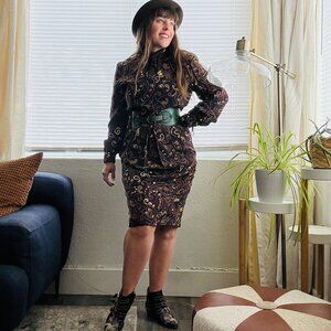 Vintage Silk Dress 80s Long Sleeve Paisley Printed Fitted Sheath High Collar S/M